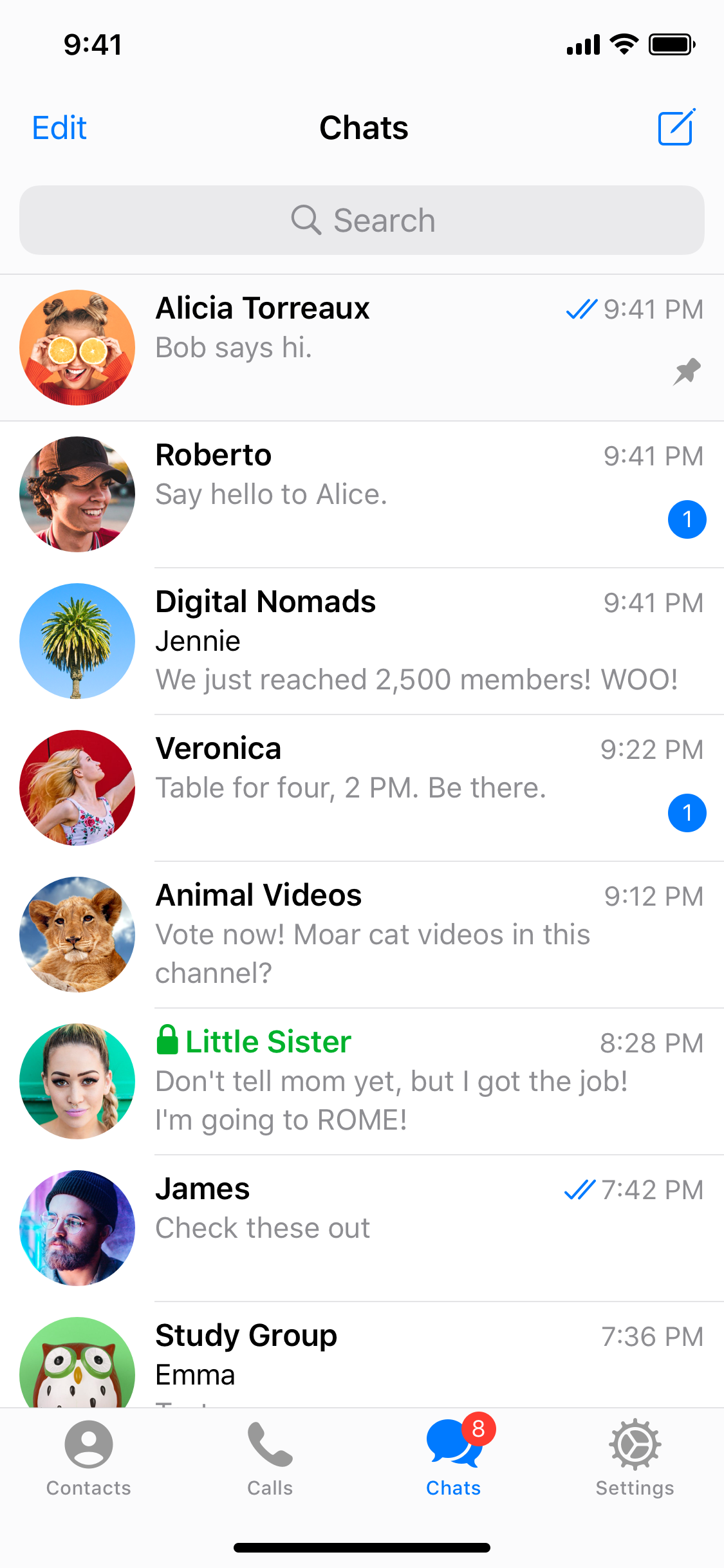 Telegram chat list interface
